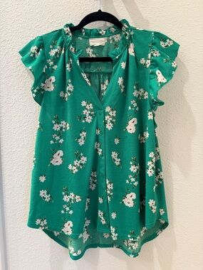 Meloday Green Floral Flutter Sleeve Blouse